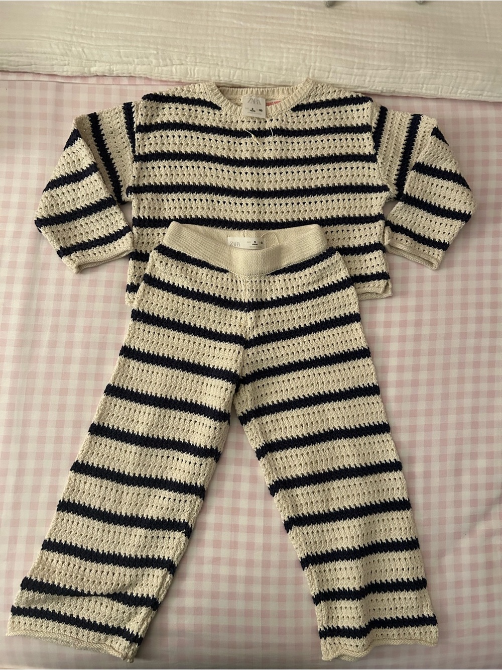 Zara Cream and Black Striped Crochet Kids Matching Set